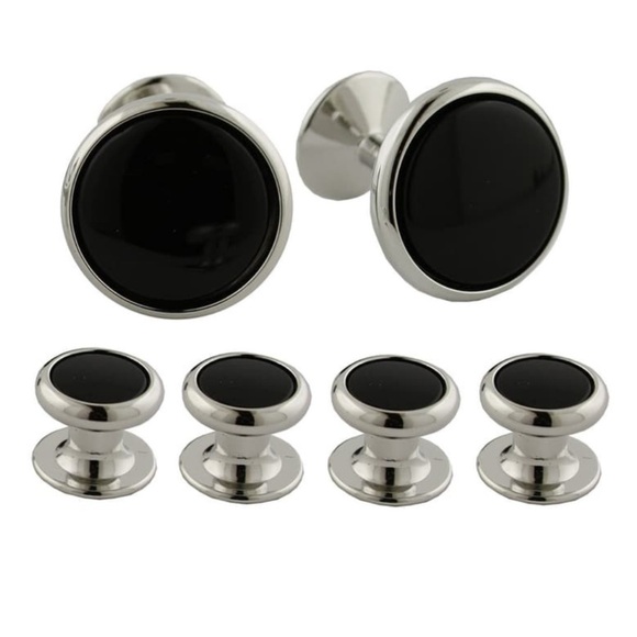 DAVID DONAHUE WHITE BRASS AND BLACK ONYX CUFF LINKS AND SHIRT STUD SET NEW